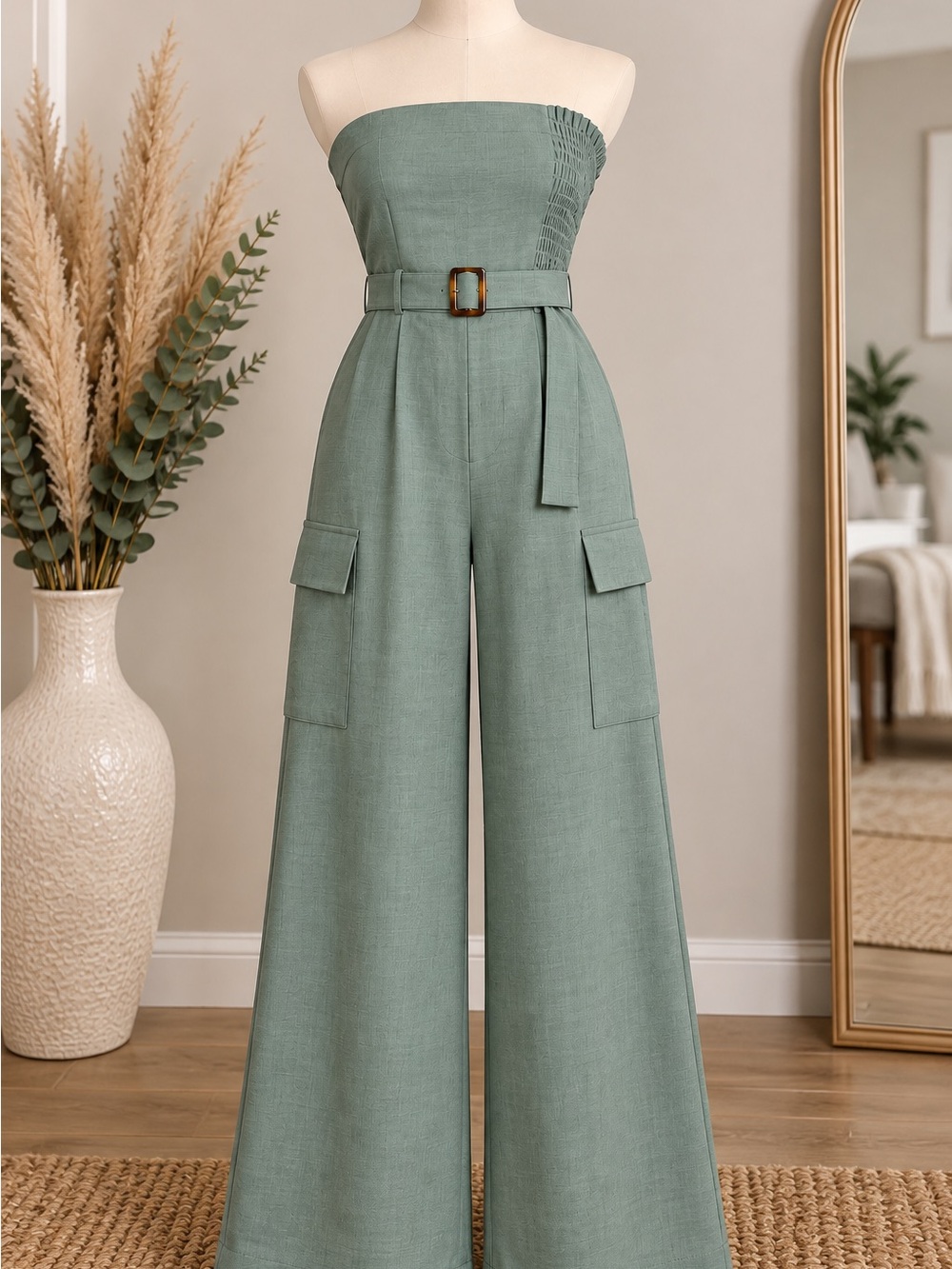 Inspired Hearts Strapless Wide-Leg Jumpsuit in Sage